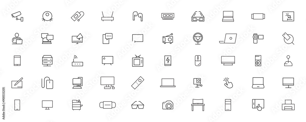 Device and technology line icon set. Electronic devices and gadgets, computer, equipment and electronics. Computer monitor, smartphone, tablet and laptop simple icon collections Device and technology line icon set. Electronic devices and gadgets, computer, equipment and electronics. Computer monitor, smartphone, tablet and laptop simple icon collections