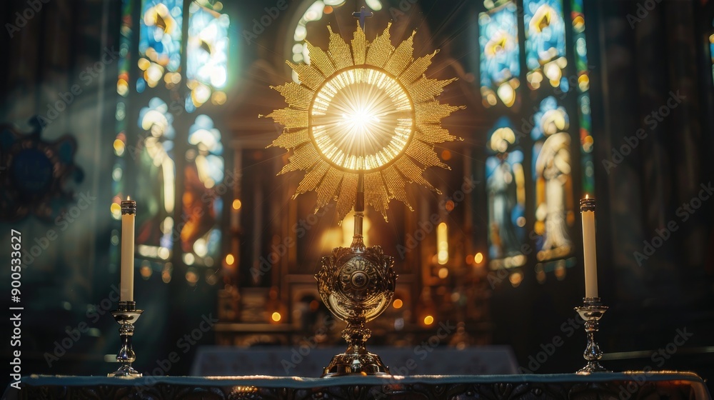 Obraz premium Sacred church altar featuring a glowing monstrance, candle, and chalice, bathed in soft light and framed by stained glass
