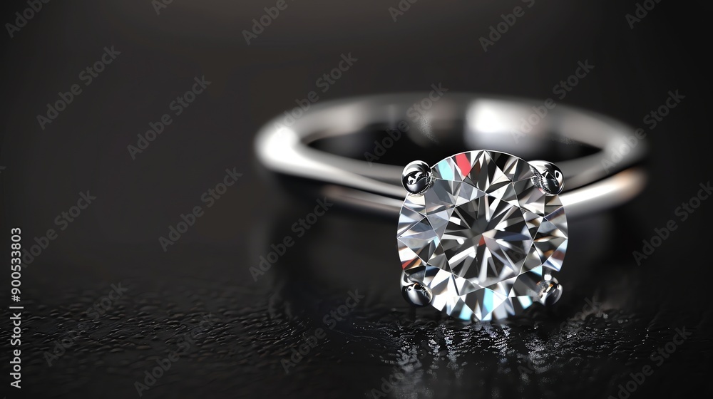 Exquisitely crafted, this stunning engagement ring features a large, round diamond held in place by four prongs. Exquisitely crafted, this stunning engagement ring features a large, round diamond held in place by four prongs.