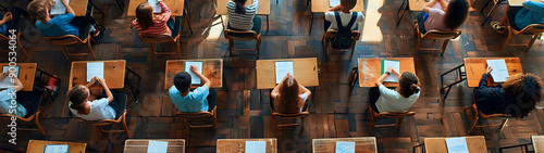 Top view of classroom with desks and school children sitting and studying.