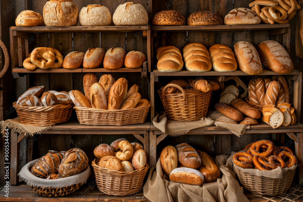 A Rustic Bakery Display with an Assortment of Breads A Rustic Bakery Display with an Assortment of Breads