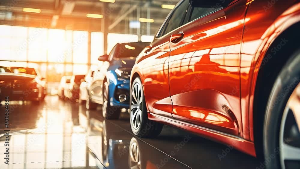 A lineup of colorful luxury cars in a show room, showcasing a prominent red car in front with a focus on the headlight and grille, video HD A lineup of colorful luxury cars in a show room, showcasing a prominent red car in front with a focus on the headlight and grille, video HD