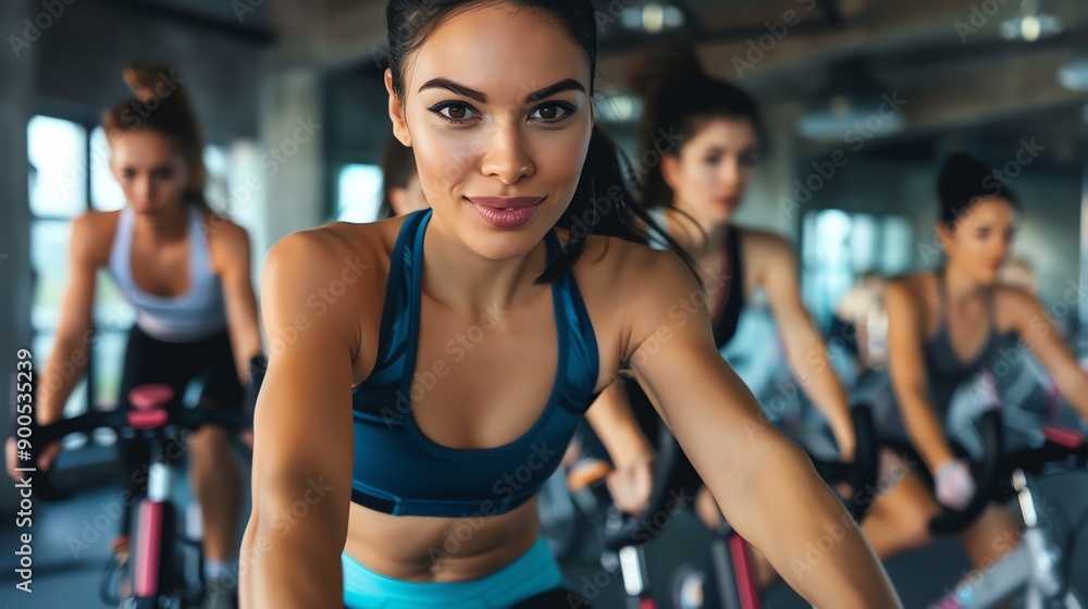 Confident young woman in sportswear sitting on exercise bike and looking at camera. Confident young woman in sportswear sitting on exercise bike and looking at camera.