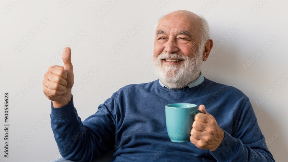 A man with a beard and blue sweater holding up his thumb, AI A man with a beard and blue sweater holding up his thumb, AI