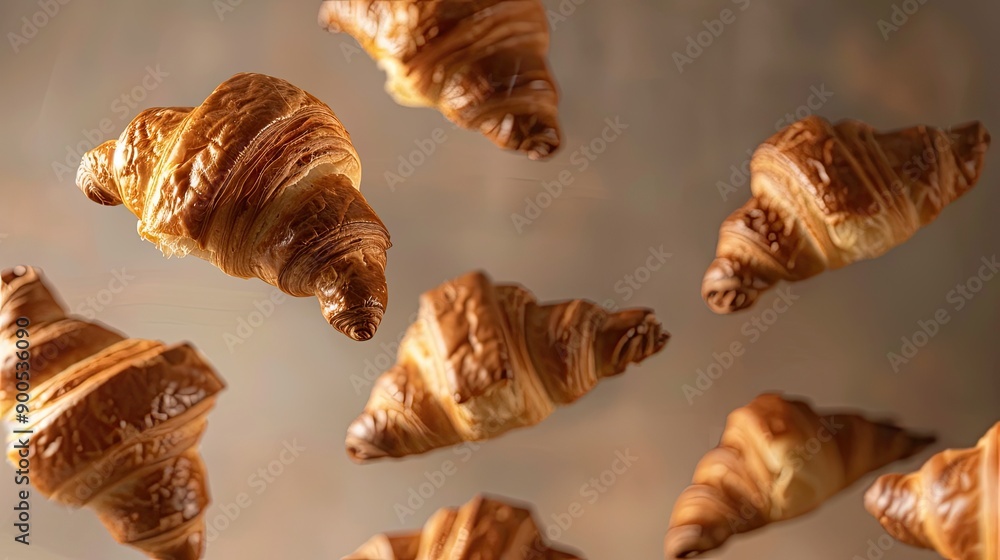 Airborne croissants, fresh and tasty, floating against a simple backdrop. Ideal for showcasing breakfast time favorites. Airborne croissants, fresh and tasty, floating against a simple backdrop. Ideal for showcasing breakfast time favorites.