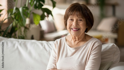 A woman sitting on a couch smiling at the camera, AI