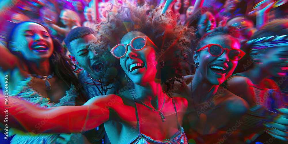 Fototapeta premium A group of people laugh and dance together at a lively party, the music filling the room and bringing them all together