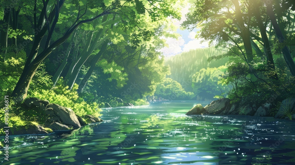 Sunlit anime river scene, lush forest, tranquil atmosphere, picturesque and serene setting Sunlit anime river scene, lush forest, tranquil atmosphere, picturesque and serene setting