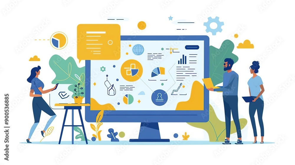 Business People Analyzing Data on a Computer Screen Illustration Business People Analyzing Data on a Computer Screen Illustration