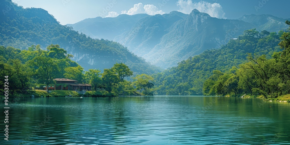 Naklejka premium Serene Mountain Lake Landscape with Lush Vegetation and Calm Waters