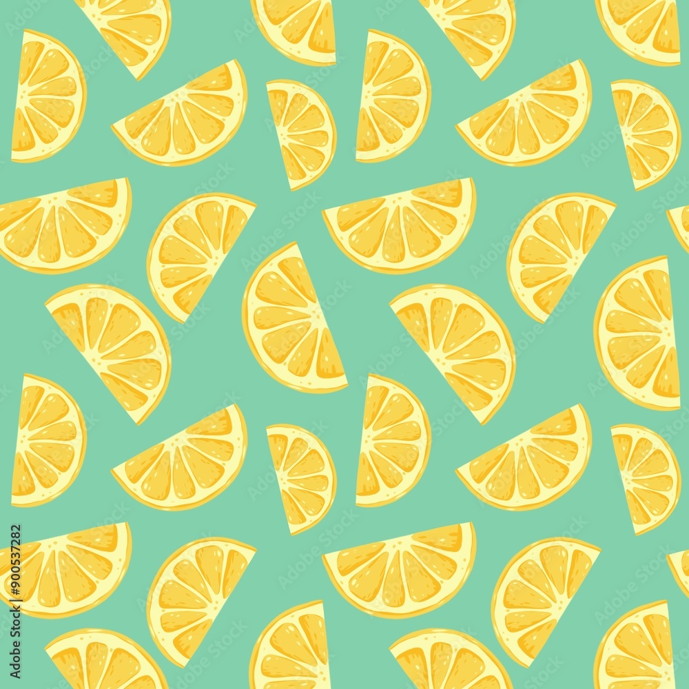 Seamless pattern with lemons and green background. Print for wallpaper, cards, fabric, wrapping paper, backgrounds, textures