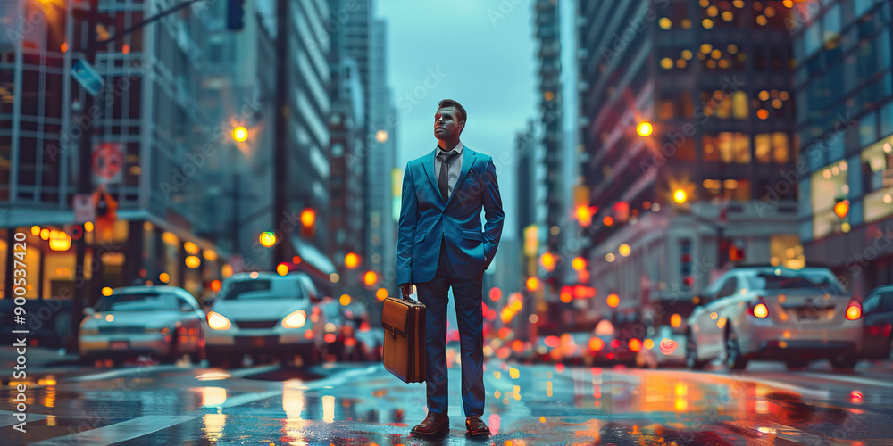A man in a blue suit stands confidently on a city street, his briefcase in hand A man in a blue suit stands confidently on a city street, his briefcase in hand