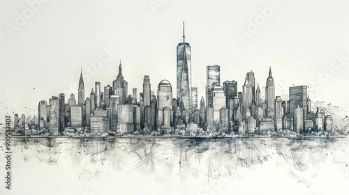 A city skyline with a large building in the middle. The city is shown in black and white © easybanana