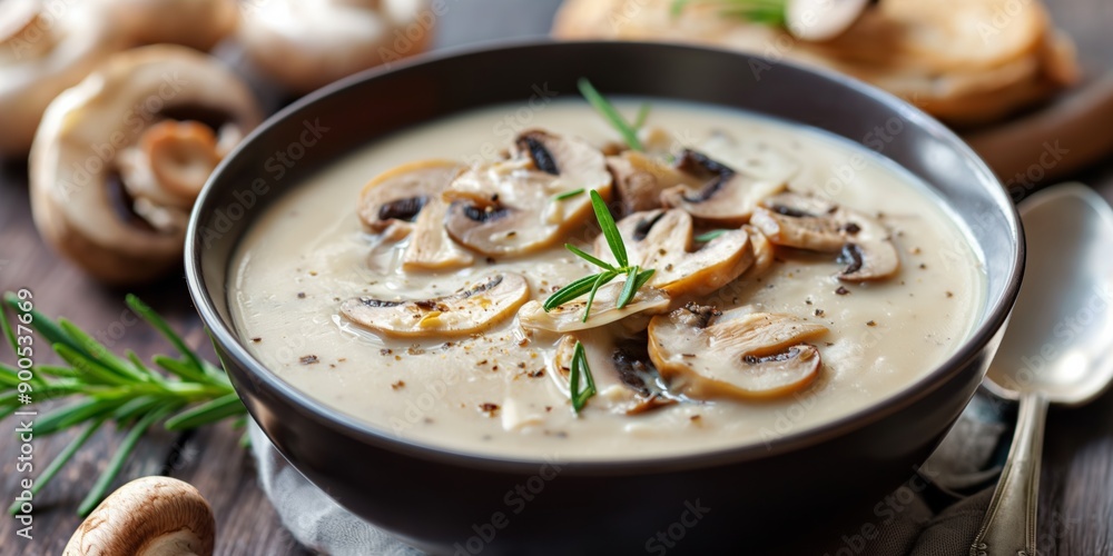 A bowl of mushroom soup with a spoon on the table. The soup is creamy and has a lot of mushrooms in it A bowl of mushroom soup with a spoon on the table. The soup is creamy and has a lot of mushrooms in it