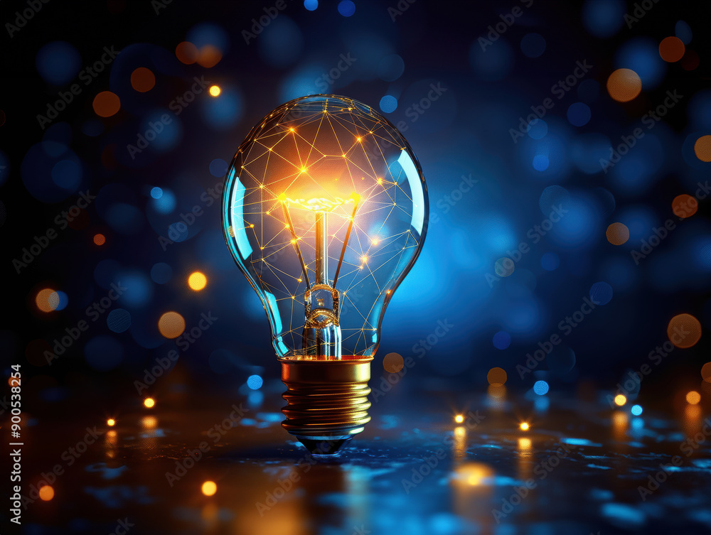 A light bulb is lit up in a glass, surrounded by a blurry background. Concept of creativity and innovation, as the light bulb is often associated with ideas and inspiration