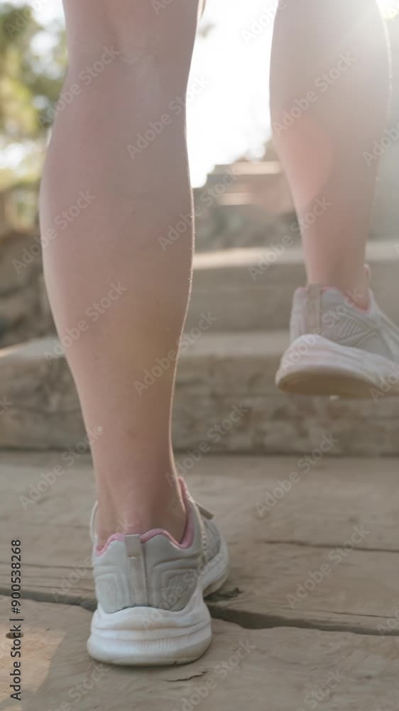 Vertical video. Step by Step, the Woman Climbs Wooden Stairs in Slow Motion, Bathed in Gentle Sunlight Filtering Through the Trees. Vertical video. Step by Step, the Woman Climbs Wooden Stairs in Slow Motion, Bathed in Gentle Sunlight Filtering Through the Trees.