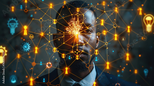 A man's face is surrounded by a web of people and objects, including a light bulb and a key. Concept of interconnectedness and the idea that everyone is connected in some way