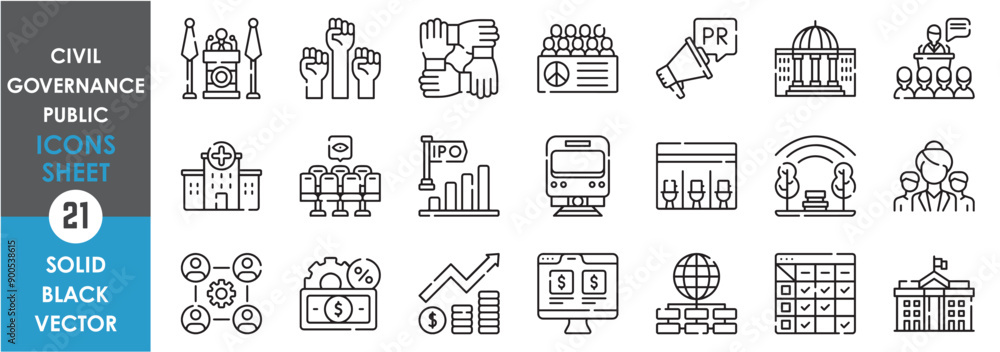 A set of line icons related to governance, public, and civil. Leadership, politics, public, vehicles, group, society, investment, park, government, co-operation, peace, law and so on. A set of line icons related to governance, public, and civil. Leadership, politics, public, vehicles, group, society, investment, park, government, co-operation, peace, law and so on.