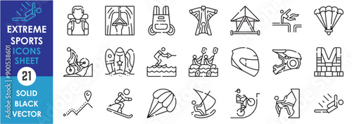 A set of line icons related to extreme sports. Skydiving, tourist, surfing, flight, parkour, parachute, rafting, helmet, rock climbing, and so on. Vector outline icons set.