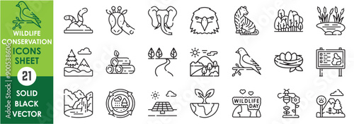 A set of line icons related to wildlife conservation. Wild, animals, tiger, elephant, eagle, pond, forest, eco system, nest, bees, national parks and so on. Vector outline icons set.