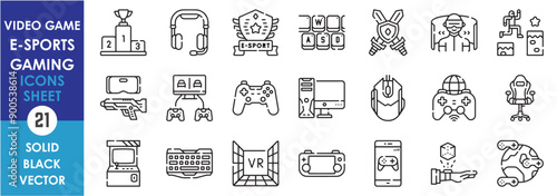 A set of line icons related to video game, e-sports, and gaming. Console, headphone, virtual reality, keyboard, mouse, computer, online and so on. Vector outline icons set.
