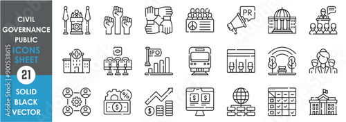 A set of line icons related to governance, public, and civil. Leadership, politics, public, vehicles, group, society, investment, park, government, co-operation, peace, law and so on. 