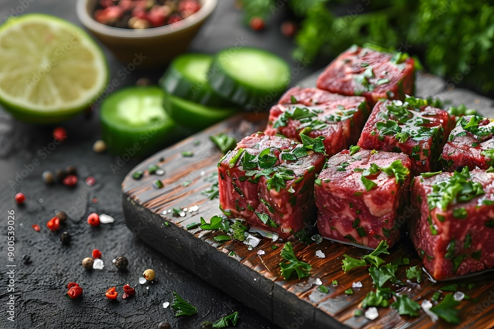 Fresh Marinated Beef Cubes on Wooden Cutting Board - Gourmet Cooking Ingredients