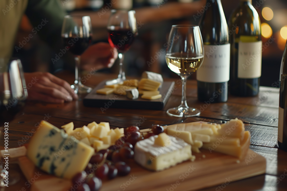 An illustration of a wine tasting event, featuring people sampling different wines in a cozy setting. The scene includes wine glasses, bottles, cheese platters, and a sommelier guiding the tasting, cr An illustration of a wine tasting event, featuring people sampling different wines in a cozy setting. The scene includes wine glasses, bottles, cheese platters, and a sommelier guiding the tasting, cr