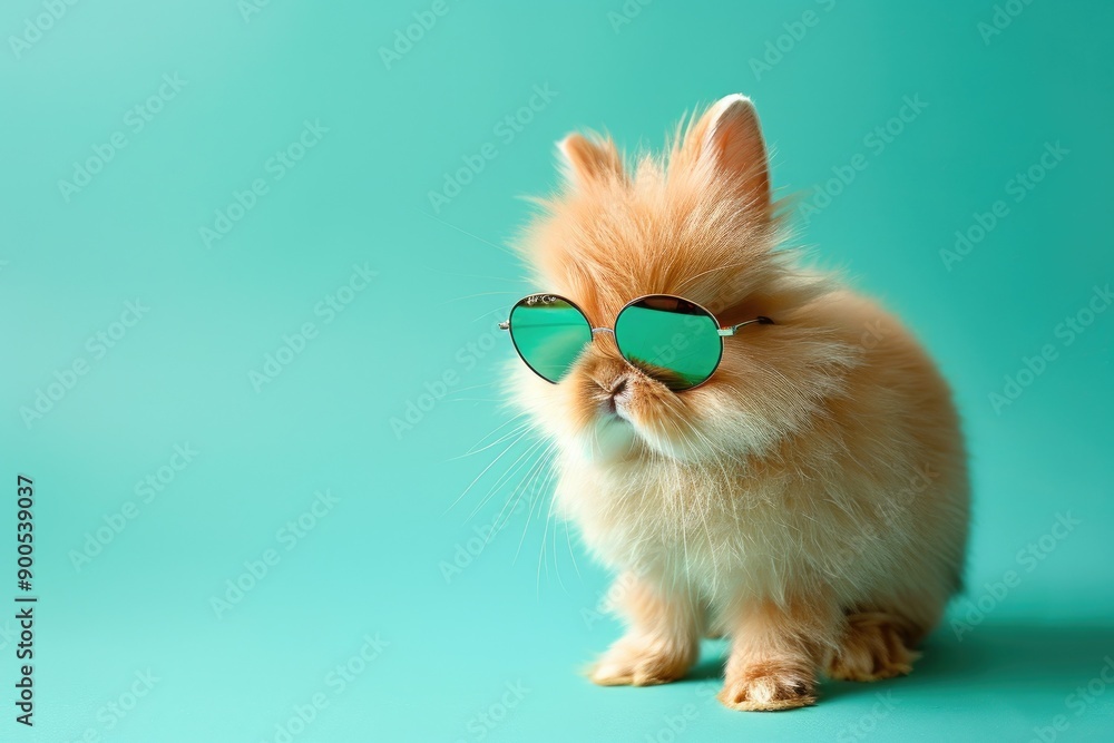 Charming bunny with cool sunglasses, standing on a mint green background, with fluffy fur and a twitching nose, looking ready for summer Charming bunny with cool sunglasses, standing on a mint green background, with fluffy fur and a twitching nose, looking ready for summer