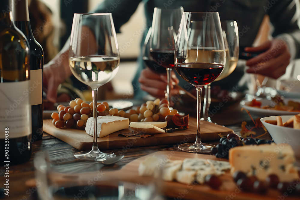 An illustration of a wine tasting event, featuring people sampling different wines in a cozy setting. The scene includes wine glasses, bottles, cheese platters, and a sommelier guiding the tasting, cr An illustration of a wine tasting event, featuring people sampling different wines in a cozy setting. The scene includes wine glasses, bottles, cheese platters, and a sommelier guiding the tasting, cr