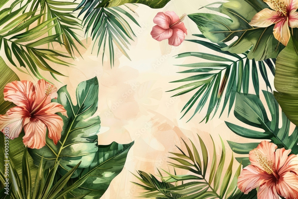 Colorful tropical foliage and flowers frame a light background, perfect for invitations, posters, and creative designs. Colorful tropical foliage and flowers frame a light background, perfect for invitations, posters, and creative designs.
