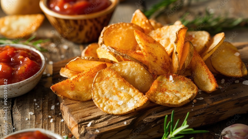 Crispy homemade potato chips with sea salt served on a wooden board with dipping sauces and fresh rosemary on the side. Crispy homemade potato chips with sea salt served on a wooden board with dipping sauces and fresh rosemary on the side.