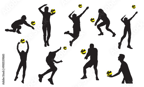 Volleyball players silhouettes game elements