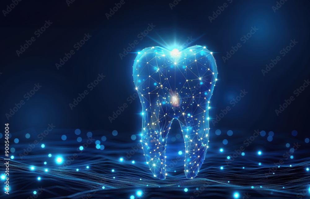 Obraz premium A tooth is shown in a blue and white color scheme with a glowing light shining on it. Concept of modernity and technology, as the tooth is depicted as a 3D object with a network of lines