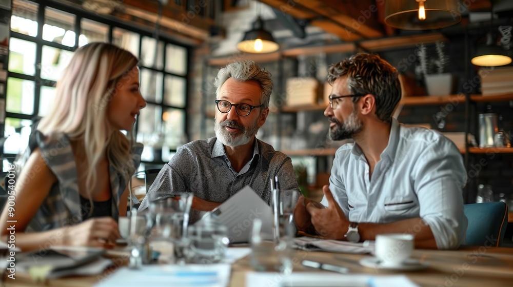 Business Meeting Discussion Photo: Three People Discussing Ideas and Plans in a Cafe