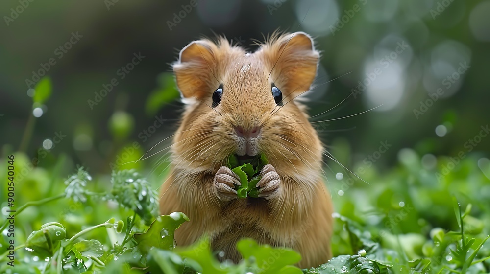 A cute brown guinea pig nibbling on fresh green leaves in a lush garden ideal for pet care, nature, or organic farming promotions A cute brown guinea pig nibbling on fresh green leaves in a lush garden ideal for pet care, nature, or organic farming promotions