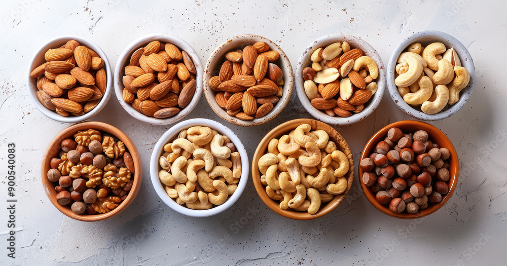 A row of bowls filled with various nuts, including almonds, cashews, and walnuts. The bowls are arranged in a line, with each one containing a different type of nut. Concept of abundance and variety A row of bowls filled with various nuts, including almonds, cashews, and walnuts. The bowls are arranged in a line, with each one containing a different type of nut. Concept of abundance and variety