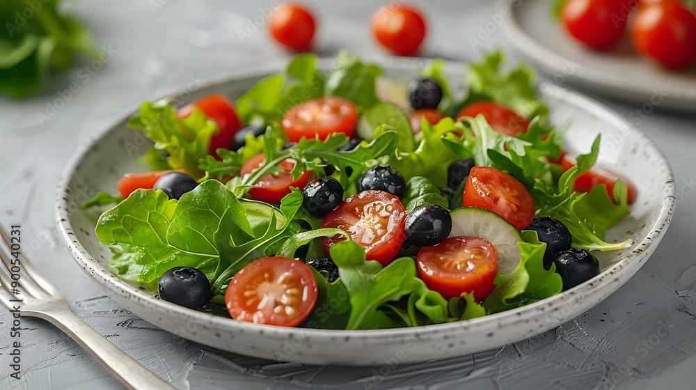 A minimalist place setting, white round plate with fresh salad, halved cherry tomatoes, green lettuce leaves, and a few blueberries, centered on light gray background. A minimalist place setting, white round plate with fresh salad, halved cherry tomatoes, green lettuce leaves, and a few blueberries, centered on light gray background.