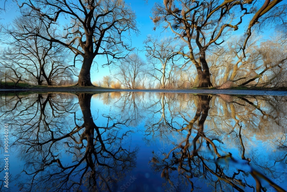 Serene pond with calm water reflecting the surrounding trees Serene pond with calm water reflecting the surrounding trees