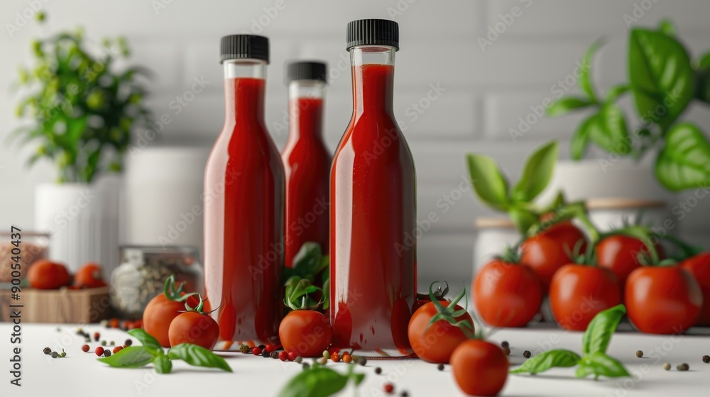 Two glass jars filled with red tomato sauce sit on a kitchen counter Two glass jars filled with red tomato sauce sit on a kitchen counter