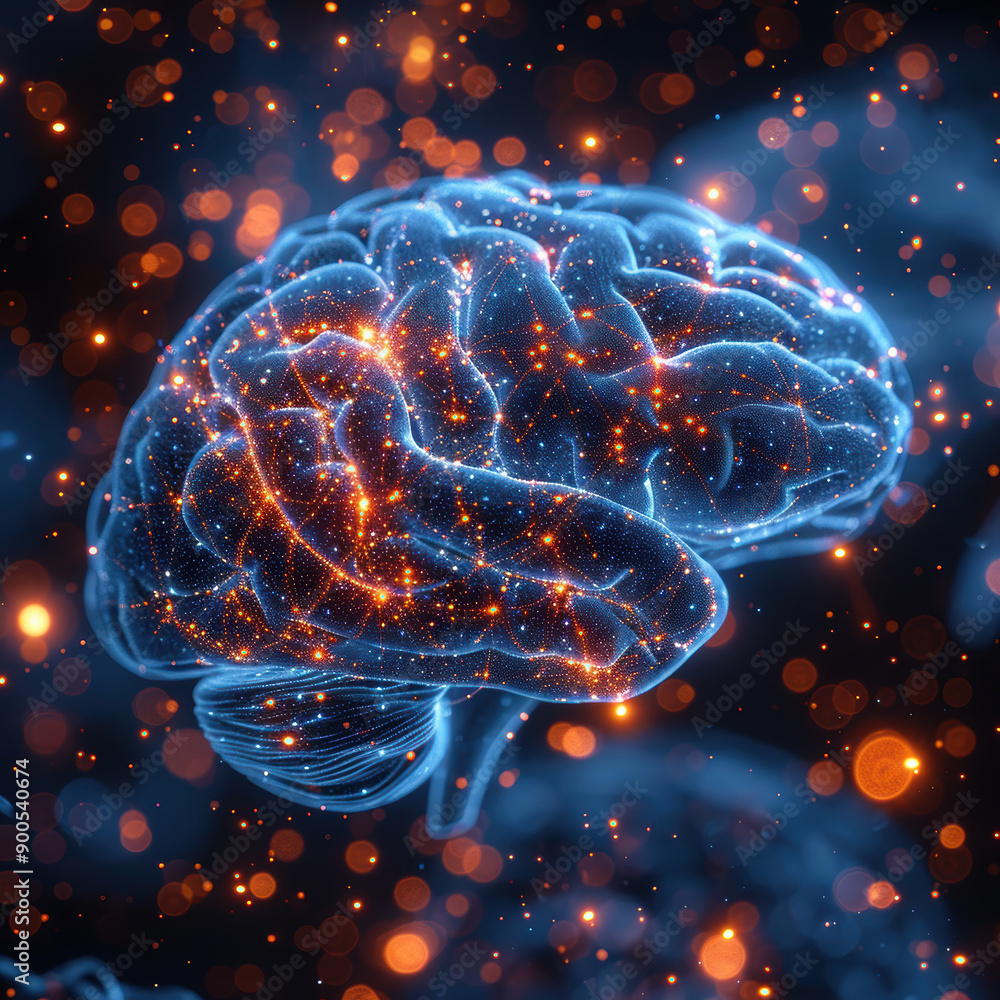 A brain with a lot of stars surrounding it. The brain is blue and orange. The stars are scattered around the brain, some are close to the brain and some are further away A brain with a lot of stars surrounding it. The brain is blue and orange. The stars are scattered around the brain, some are close to the brain and some are further away