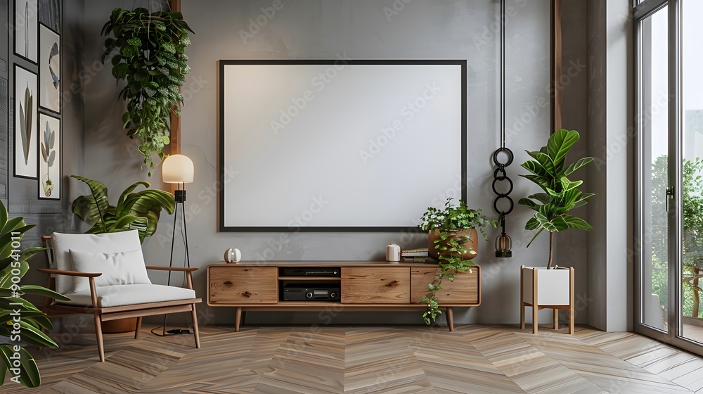 Bright Scandinavian living room, large white canvas in black frame, light wood TV console, mid-century modern armchair with white cushions, potted indoor plant. Bright Scandinavian living room, large white canvas in black frame, light wood TV console, mid-century modern armchair with white cushions, potted indoor plant.