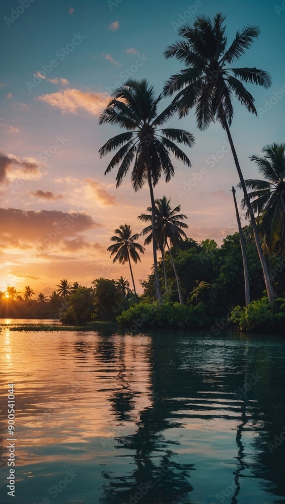 Stunning sunset lagoon with lush palm trees and tropical leaves, background or wallpaper image Stunning sunset lagoon with lush palm trees and tropical leaves, background or wallpaper image
