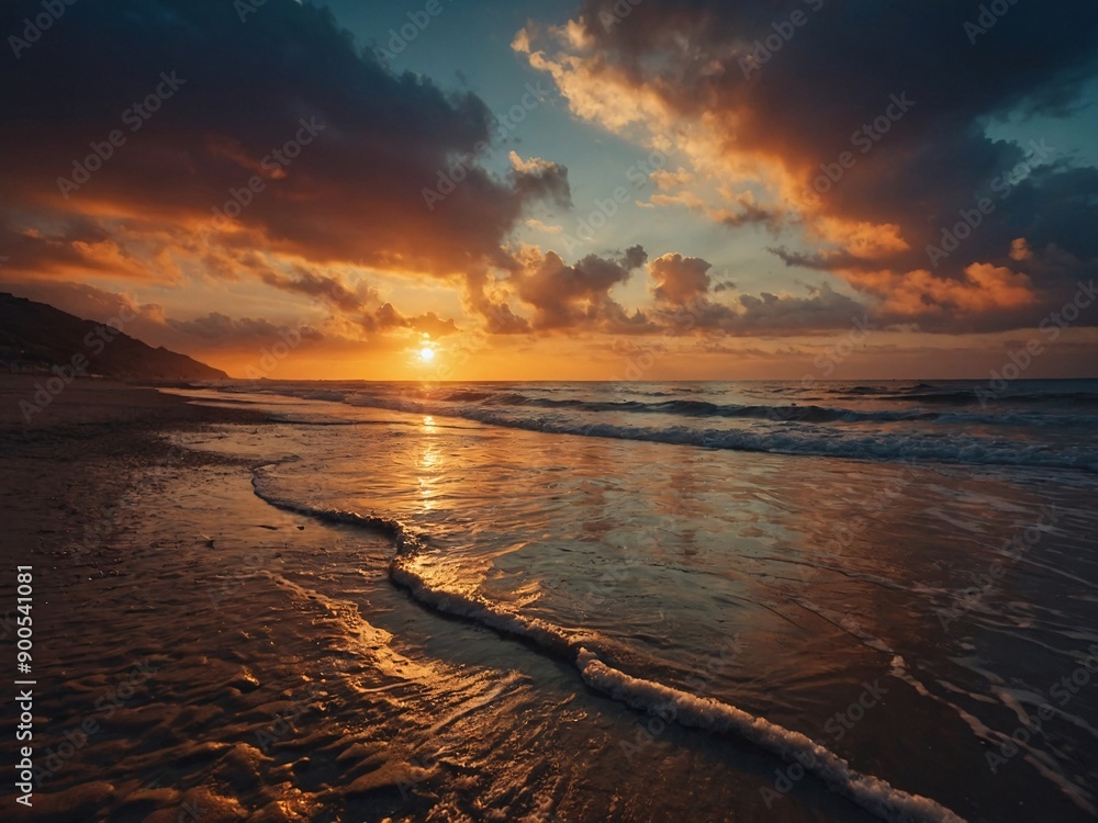 Stunning sunset view from the beach, dramatic lighting Stunning sunset view from the beach, dramatic lighting