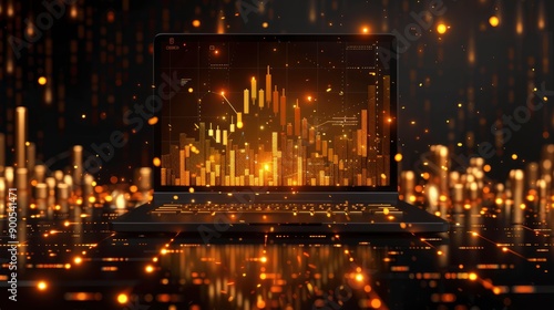 Laptop with glowing data and a stock chart on the screen © Tung's companion