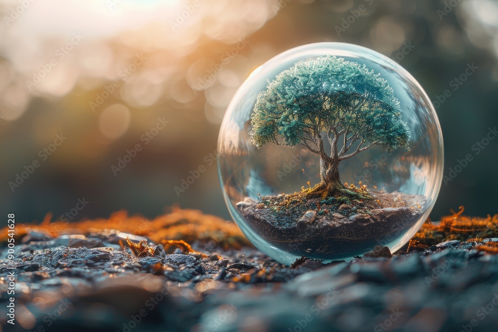 A Miniature Tree Encased in a Glass Sphere on a Rocky Surface A Miniature Tree Encased in a Glass Sphere on a Rocky Surface