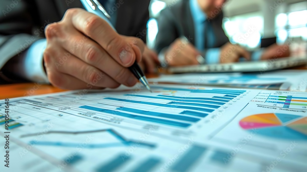 Close-up of a Hand Analyzing Charts and Graphs, Business Analyst Reviewing Financial Data Photo