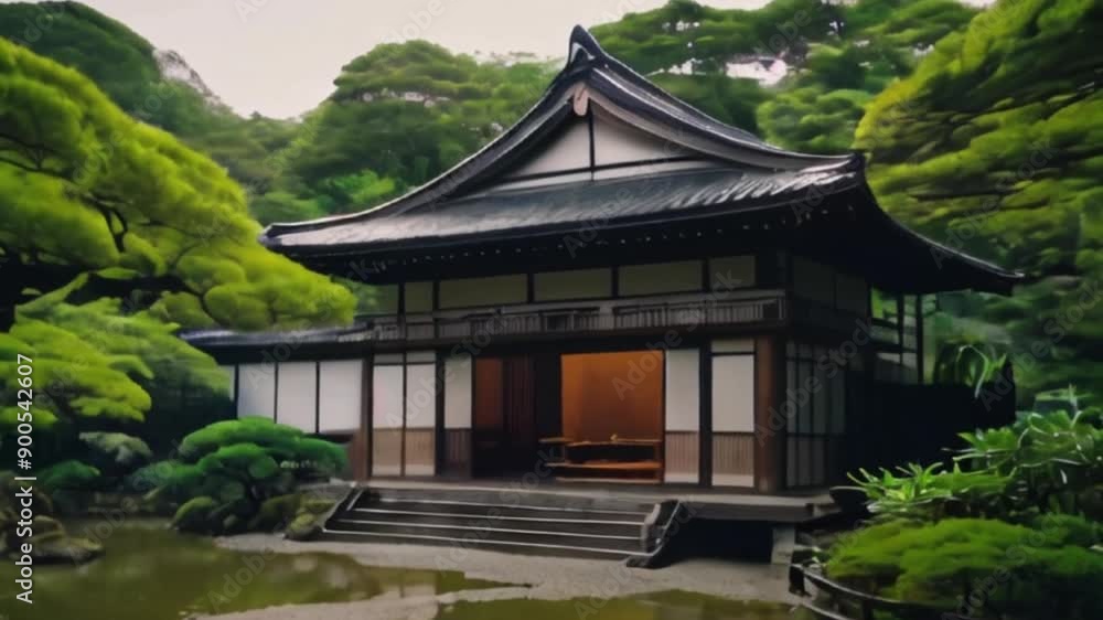 Traditional Japanese House with a Curved Roof and Open Doors Surrounded by Lush Greenery Traditional Japanese House with a Curved Roof and Open Doors Surrounded by Lush Greenery