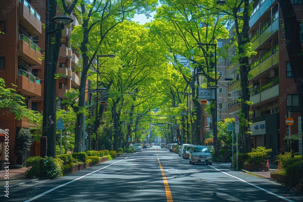 A Street Lined with Lush Green Trees and Buildings in Japan