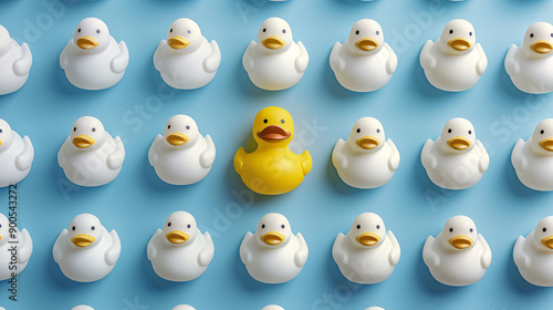 white rubber ducks, with a single yellow rubber duck placed show differentiation in marketing world